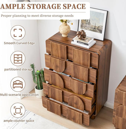 Fluted 5 Drawers Dresser for Bedroom, 46" Tall Dressers & Chest of Drawers w/Curved Profile Design, Wood Mid Century Modern Vertical Storage Dressers Organizer for Living Room, Hallway, Walnut