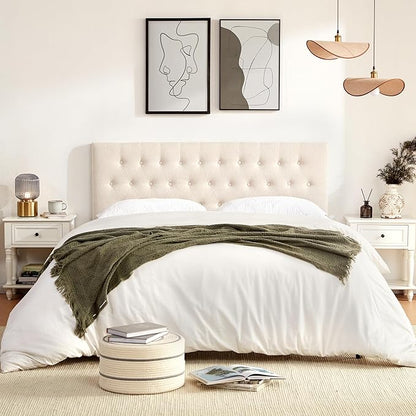 Tufted Upholstered Headboard Twin Size, Adjustable Height 37- 51 in, Beige | Sturdy and Durable Solid Wood Twin XL Headboard, Fabric Twin Headboard Only, Modern Button Diamond Design Head Board