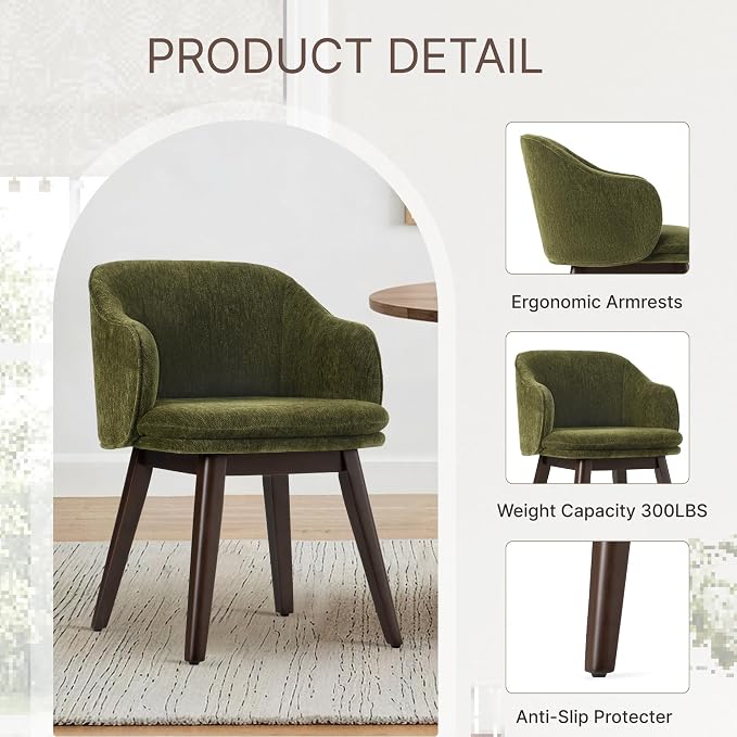 KISLOT Wooden Dining Chairs Set of 2, Fabric Upholstered Modern Dining Room Chairs with Barrel Backrest & Double-Layer Thick Cushion for Living Room, Restaurant, Kitchen and Café, Green