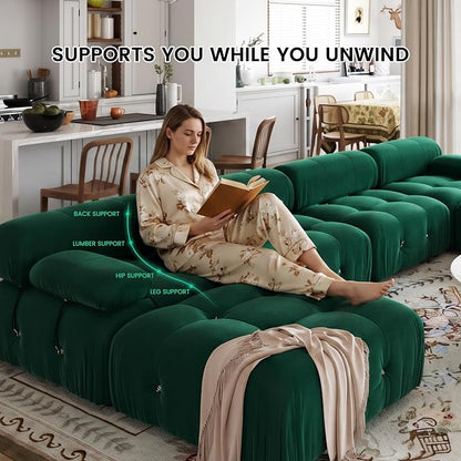 138" Convertible Modular Sectional Sofa, U-Shaped Velvet Sectional Couch with Chaise Ottomans, Minimalist Modern 6 Seat Sofas for Living Room Bedroom Office Apartment (Green)