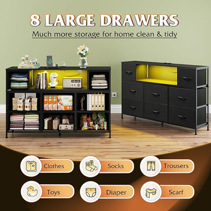 WLIVE Black Dresser TV Stand for 45, 50, 55 inch TV, Entertainment Center with LED Lights & Charging Station, Chest of Drawers with 8 Fabric Drawers and Open Shelves for Living Room, Hallway, Wood Top