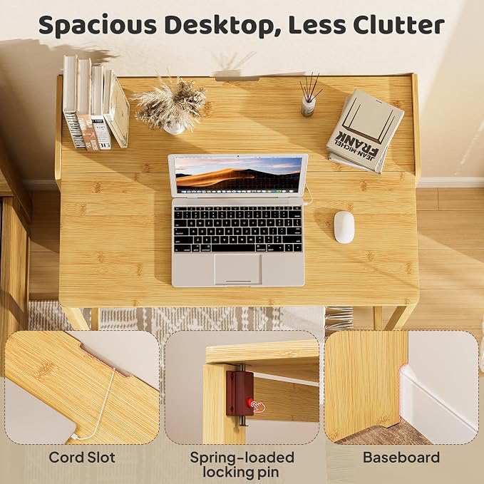 Bamboo Folding Desk for Small Spaces, Mid Century Small Computer Foldable Desk for Bedroom Home Office, Space Saving Sofa Table for Couch, Writing Work Office Desk,Natural