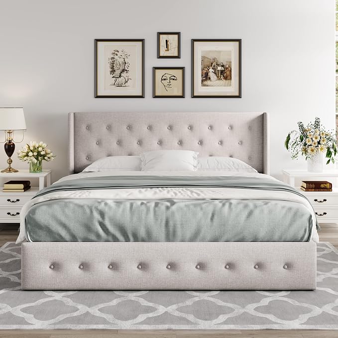 Allewie Queen Size Lift Up Storage Bed, Button Tufted Headboard with Wingback, Hydraulic Support, No Box Spring Needed, Light Beige