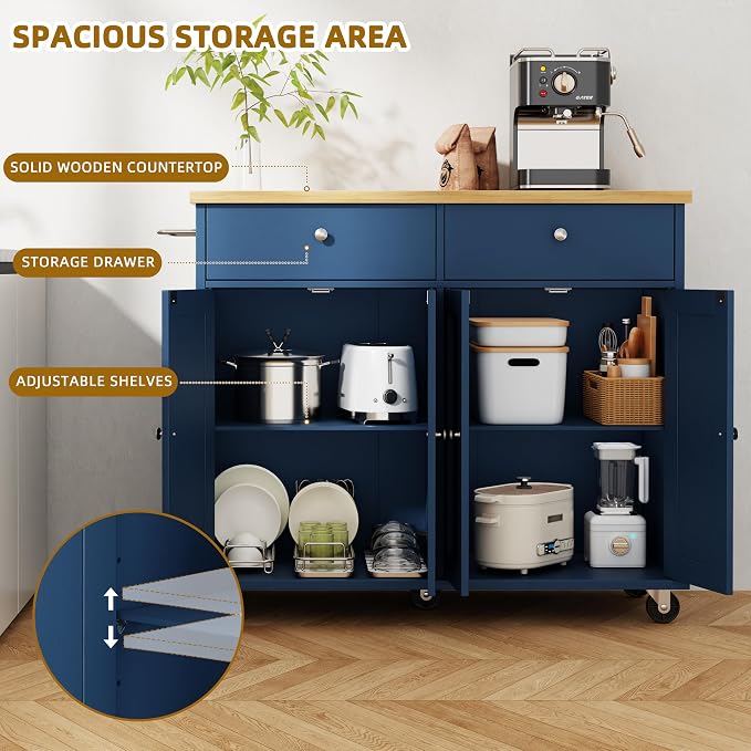 SUNLEI Kitchen Island with Storage, Rolling Kitchen Island Cart with Wheels & Drop Leaf & Towel Rack & 2 Drawers, Portable Island Table for Kitchen (Blue, 39.6“)