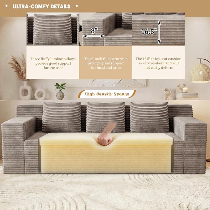 Kurhwyss 71" Corduroy Living Room Sofa, 3 Setaser Deep Seat Couch with 3 Lumbar Pillows, Comfy Boneless Sofa Modern Compressed Couch for Bedroom, Office, Apartment, No Assembly, Flat Armrests (Camel)