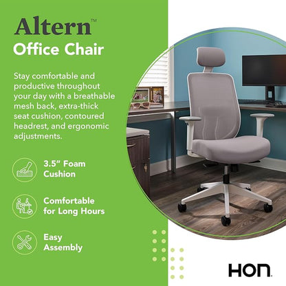 HON Altern Ergonomic Office Chair with Headrest, Mid‑Back Mesh Desk Chair, Adjustable Arms, Seat Slide, Synchro‑Tilt, Rolling Computer Seat for Home Office, White Frame, Apricot