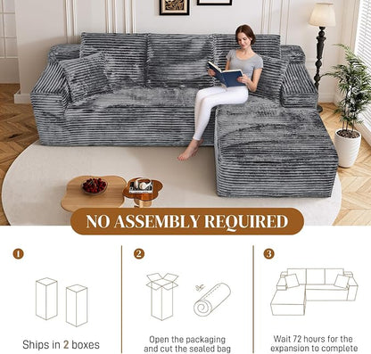 108" L Shaped Boneless Sectional Couches for Living Room, Comfy Corduroy Floor Cloud Sofa with Chaise, Wide Armrest, Deep Seat, Memory Foam, Assembly Free, Ideal for Small Spaces, Grey
