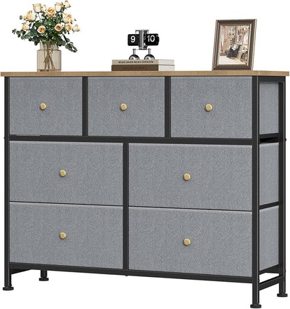 OLIXIS 7 Drawer Dresser for Bedroom, Tall Fabric Storage Tower with Sturdy Steel Frame and Wooden Top, Large Dresser for Living Room Entryway with Easy Pull Fabric Bins, Gray Blue