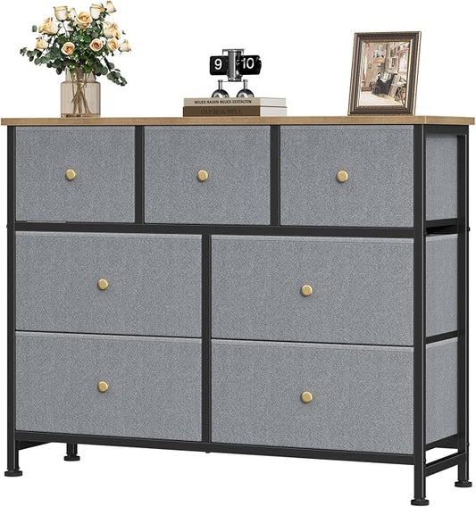 OLIXIS 7 Drawer Dresser for Bedroom, Tall Fabric Storage Tower with Sturdy Steel Frame and Wooden Top, Large Dresser for Living Room Entryway with Easy Pull Fabric Bins, Gray Blue