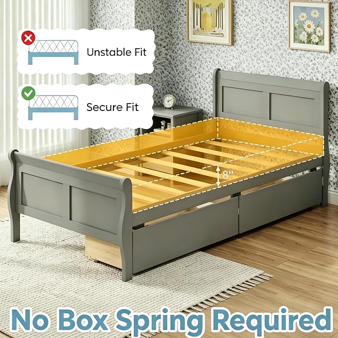 Giantex Twin Bed with 2 Storage Drawers, Wood Platform Bed with Headboard & Footboard, Wooden Slats Support Mattress Foundation, Twin Bed Frames for Kids Teens Adults, No Box Spring Needed (Grey)
