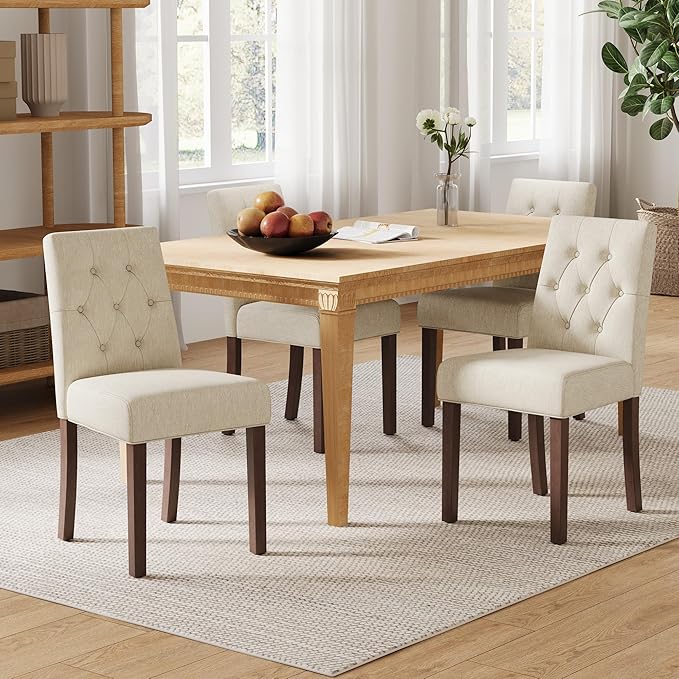 Upholstered Dining Chairs Set of 4 - Modern Parsons Kitchen & Dining Room Chair with Diamond Tufted Back, Solid Wooden Legs for Apartment, Café, Vanity