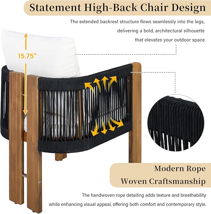 Quarte Luxury 4-Person Outdoor Dining Set: Solid Acacia Wood Table with Rope-Woven Chairs & Comfy Cushions for Patio, Garden, Poolside or Deck (Black,Brown-R)