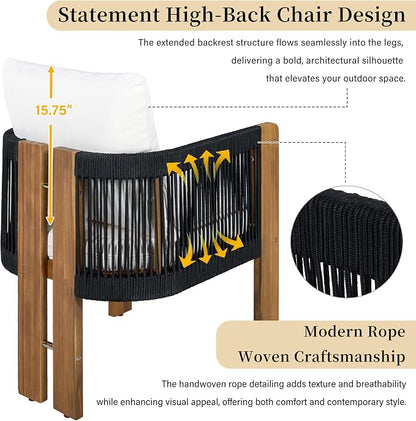 Quarte Luxury 4-Person Outdoor Dining Set: Solid Acacia Wood Table with Rope-Woven Chairs & Comfy Cushions for Patio, Garden, Poolside or Deck (Black,Brown-R)
