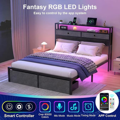 Full Bed Frame with LED Lights and Charging Station, Platform Bed with Metal Slats, Wood Headboard with 2 Fabric Drawers and Storage Shelves, No Box Spring Needed