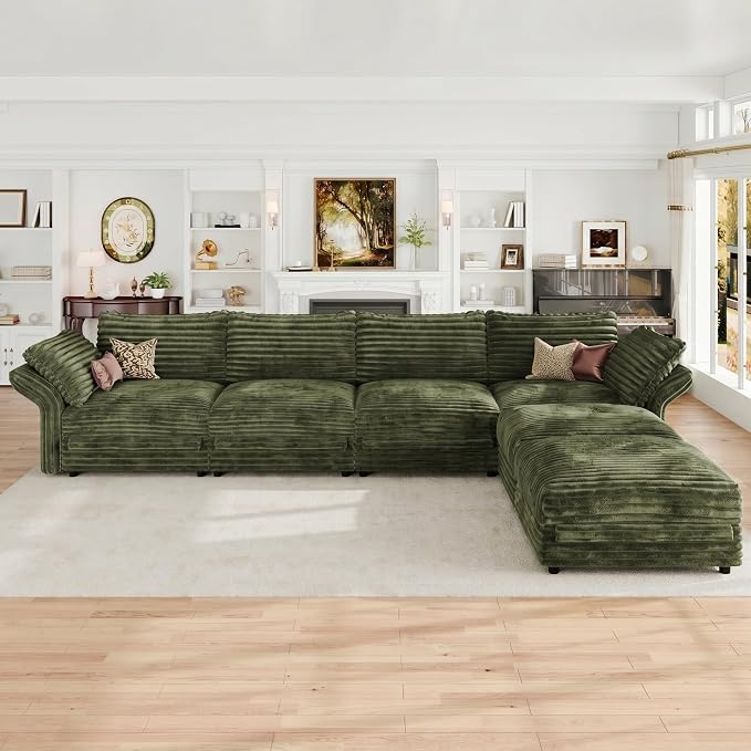 DreamDashio Oversized Sectional Sofa, Extra Wide Deep Seat Detachable Modular Cloud Couch, Certified Corduroy Fabric, Storage & Adjustable Arms, for Spacious Living Room, 6-Seat L-Shaped, Green