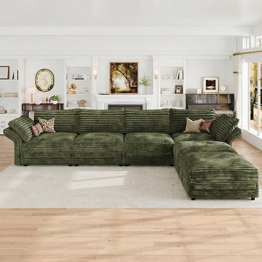 DreamDashio Oversized Sectional Sofa, Extra Wide Deep Seat Detachable Modular Cloud Couch, Certified Corduroy Fabric, Storage & Adjustable Arms, for Spacious Living Room, 6-Seat L-Shaped, Green