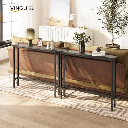 VINGLI 79" Console Table with Charging Station, 5.9" Narrow Sofa Table Set of 2, Entryway Table with Power Outlet & 4.9 Ft Extension Cord & Adjustable Feet, for Living Room, Hallway, Black