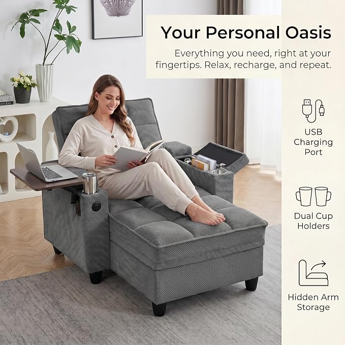 Convertible Sleeper Chair, Pull Out Sofa Bed with Adjustable Backrest & Hidden Storage Armrest, Single Sofa Recliner with USB Charging Port & Cup Holders for Living Room, Bedroom, Dark Gray