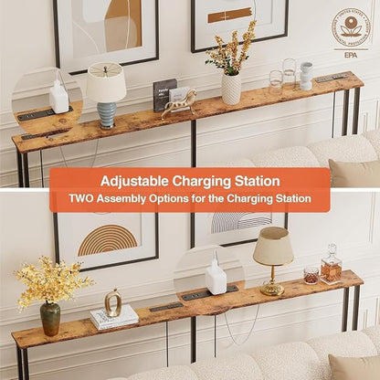 Keelian 102" Narrow Console Sofa Table - 2 Power Outlets & 4 USB Ports, Metal Frame, Rustic Brown, Perfect for Hallway, Office, and Behind Sofa - Easy Assembly, 4.9' Extension Cord Included