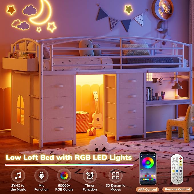 Low Loft Bed Twin Size with 7 Storage Drawers, Desk and LED Lights, Heavy Duty Metal Kids Loft Bed with 13.8" H Safety Guardrail, Anti-Collision Pad, Private Play Curtain, Under-Bed Play Space - Beige