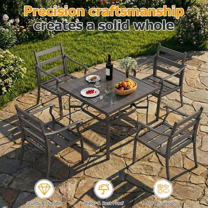EROMMY 5-Piece Outdoor Patio Dining Set, 4 Metal Slat Chairs & Square Table with Umbrella Hole, All-Weather Patio Furniture for Backyard, Deck and Garden