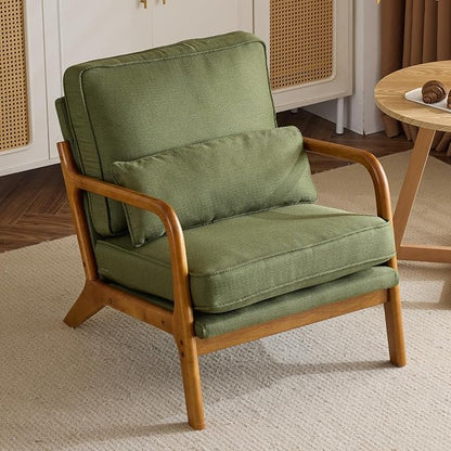 Bonnlo Dark Green Linen Mid Century Modern Accent Chair, Soild Wood Padding Lounge Armchairs Side Sitting Chairs for Living Room, Bedroom, Guest Room