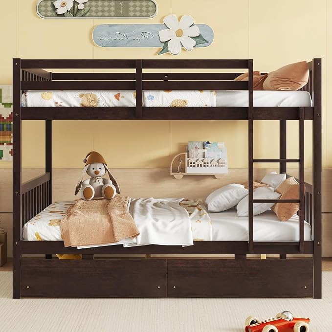 Harper & Bright Designs Full Over Full Bunk Bed with 2 Drawers, Convertible into 2 Beds, Bunk Bed with Ladder and Safety Guardrails, Espresso