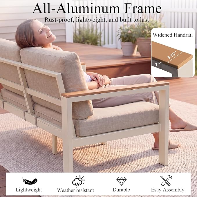2PC Single Seat Aluminum Patio Chairs, Outdoor Furniture with 1.5mm Thick Powder-Coated Frame, Water Repellent Removable Cushions, Lightweight Single Chairs for Balcony Porch Backyard
