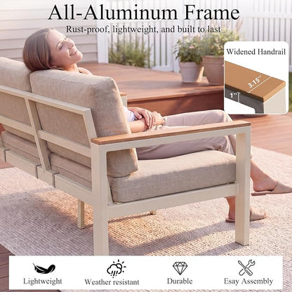 2PC Single Seat Aluminum Patio Chairs, Outdoor Furniture with 1.5mm Thick Powder-Coated Frame, Water Repellent Removable Cushions, Lightweight Single Chairs for Balcony Porch Backyard
