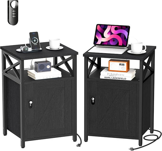 Night Stand Set 2, Bedroom Nightstands, Matching Bedside Tables, Black | Lock and Charging Station with USB C Port, Large Lockable Storage Cabinet, End Table with Door, Metal and Wood Bed Side Table