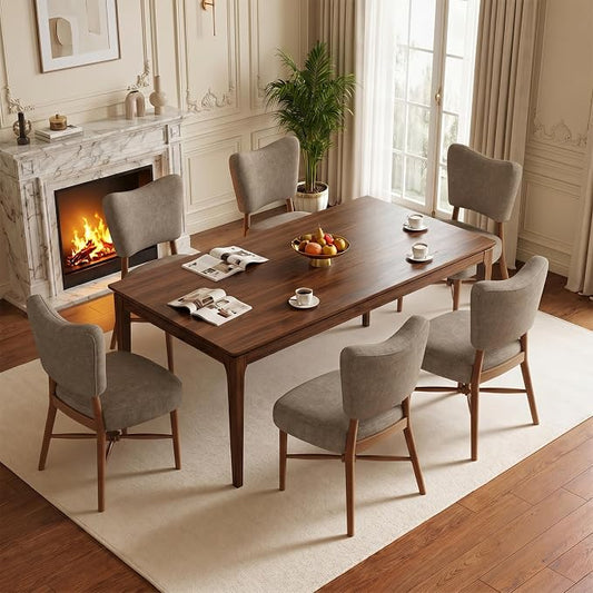 Dining Chairs Set of 6, Linen Upholstered, Solid Wood Legs, Brown | Mid Century Farmhouse, Cross-Brace Reinforced, Padded Cushion, Easy 15-Min Assembly, Kitchen Dining Room
