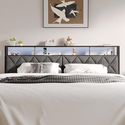 Queen Headboard Only, Headboard for Queen Size Bed with Storage, Upholstered Headboards with LED Lights & Charging Station, Attach Frame, Ideal for Bedroom/Dorm/Guest Room, Dark Grey & Brown