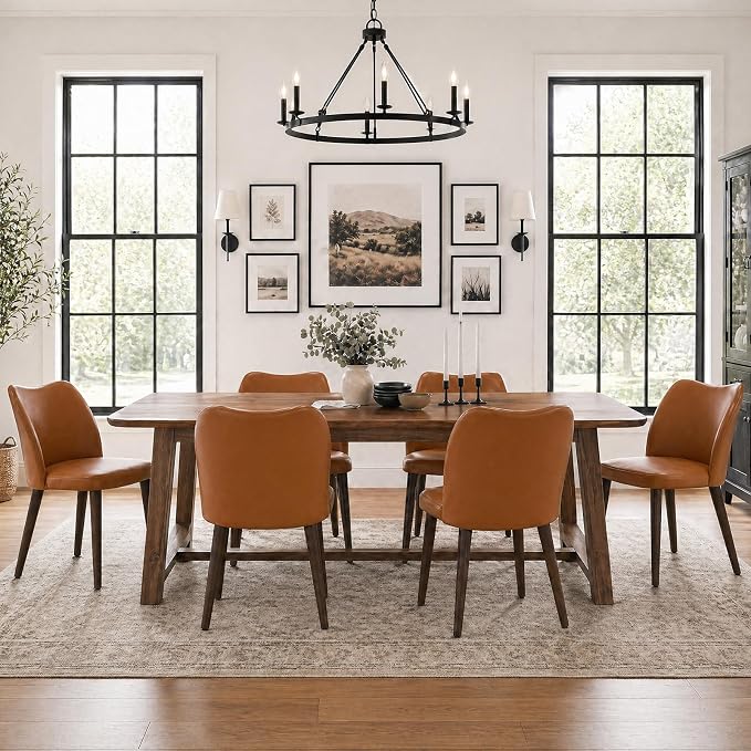 COLAMY Dining Chairs Set of 6, Upholstered Leather Kitchen Chairs with Curved Back, Padded Seat and Solid Wood Legs, Modern Dining Chair for Kitchen Dining Room,Light Brown