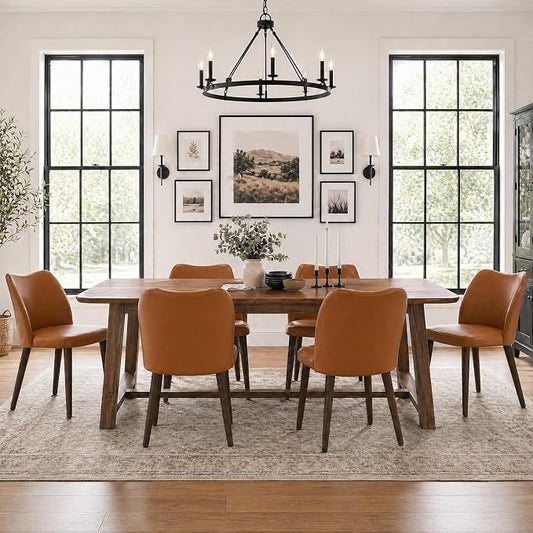 COLAMY Dining Chairs Set of 6, Upholstered Leather Kitchen Chairs with Curved Back, Padded Seat and Solid Wood Legs, Modern Dining Chair for Kitchen Dining Room,Light Brown
