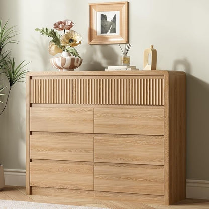 LYNSOM 9 Drawer Dresser for Bedroom, 50" Wide Fluted Dresser with Curved Corners, Wood Dressers & Chests of Drawers with Dual-Panel Design for Bedroom, Entryway, Oak