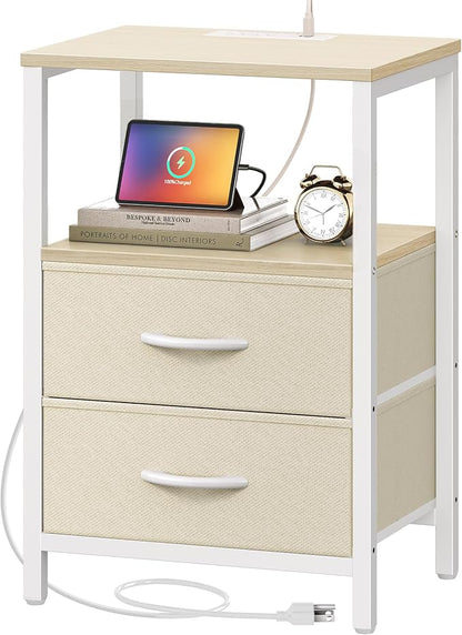Huuger Nightstand with Charging Station, Side Table with Fabric Drawers, End Table with Open Shelf, Bedside Table with USB Ports and Outlets, Night Stand for Bedroom, White Marple
