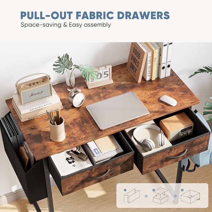 DUMOS 32" Small Home Office Computer Desk with Drawers, Gaming Writing Study Table with Storage Side Bag, Headphone Hook and Adjustable Feet for Bedroom and Escritorio, Brown