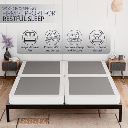 Box Spring Bed Base King Size, 4-Inch Wood Mattress Foundation – Amish Made in USA – Quiet Noise Free, Under Mattress-Support BoxSpring, Fully Assembled, White