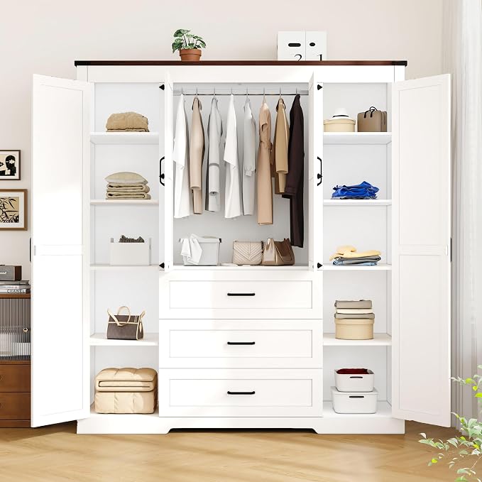 70" Tall Armoire Wardrobe Closet with 4 Doors & 3 Drawers, Farmhouse Bedroom Storage Cabinet with Hanging Rod, Freestanding Wooden Armoire Wardrobe Closet, White