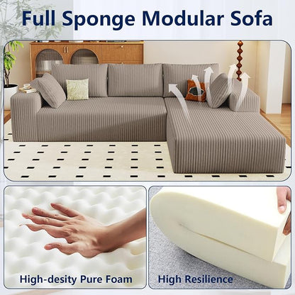96" Modular Sectional Sofa, Modern Corduroy Cloud Couch with Deep Seat, Boneless Couch Upholstered 3-Seater L-Shaped Sofa for Living Room, No Assembly Required (Camel, Right-Facing Chaise)