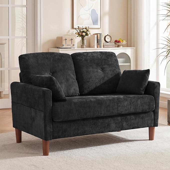 Vipbear 48" Loveseat Sofa,Modern Small Couches for Small Spaces,Black Chenille Love Seat Couch for Living Room,Bedroom,Apartment,Office,Deep Seat,Throw Pillow,Side Pockets,Square Armrest