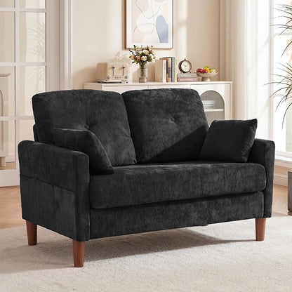 Vipbear 48" Loveseat Sofa,Modern Small Couches for Small Spaces,Black Chenille Love Seat Couch for Living Room,Bedroom,Apartment,Office,Deep Seat,Throw Pillow,Side Pockets,Square Armrest