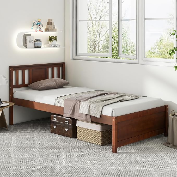 Giantex Twin Bed Frame With Headboard, Mid Century Solid Wood Platform Bed, Single Panel Bed With Slat Support, No Box Spring Needed, for Kids, Walnut