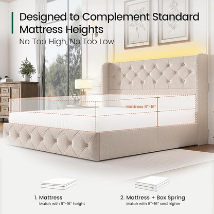 LARMACE Queen Size Bed Frame with LED Lights and 4 Storage Drawers Linen Upholstered Platform Bed Frame with 47.2" Tall Tufted Headboard Wingback, No Box Spring Needed, Easy to Assemble, Beige