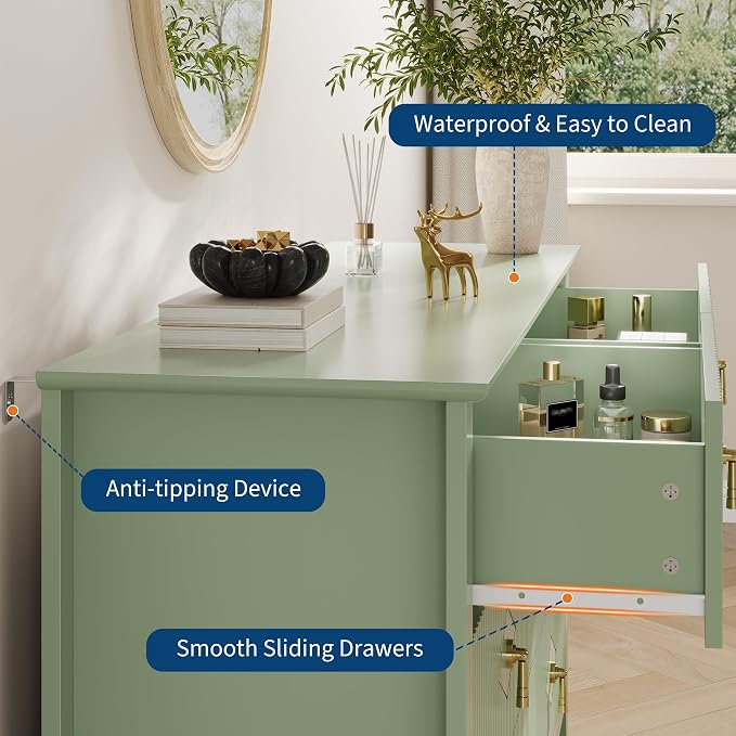GarveeHome Fluted Dresser for Bedroom, 54 Inch Wide 6-Drawer Wood Dresser, Modern Chest of Drawers, Storage Organizer Cabinet for Living Room, Hallway, Entryway, Green