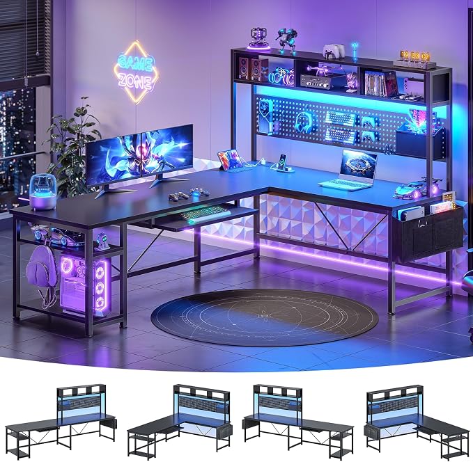 SEDETA L Shaped Gaming Desk, Reversible Computer Desk with Power Outlet and Pegboard, Gaming Desk with Led Lights, Keyboard Tray and Storage Bag for Home Office, Black