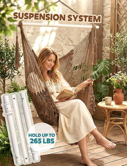 Chihee Hammock Chair Handmade Hanging Chair Cotton Rope Woven Hanging Seat Soft-Spun Large Stretch Hammock Swing, Collapsible Strong Metal Spreader Bar Elegant Macrame Comfort Indoor Outdoor Garden