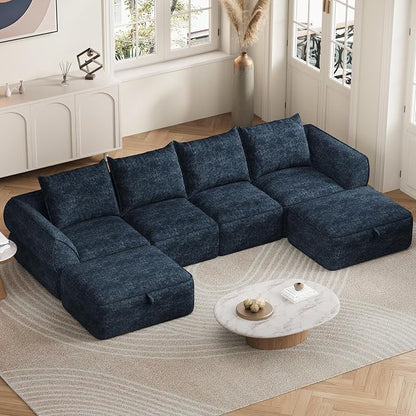 132" Modular Sectional Sofa with Deep Seat, U-Shaped Cloud Couch for Living Room, 4-Seater Boneless Sofa with 2 Ottomans, Flexible Combination Modern Upholstery Sofa, No Assembly Required, Aqua Blue