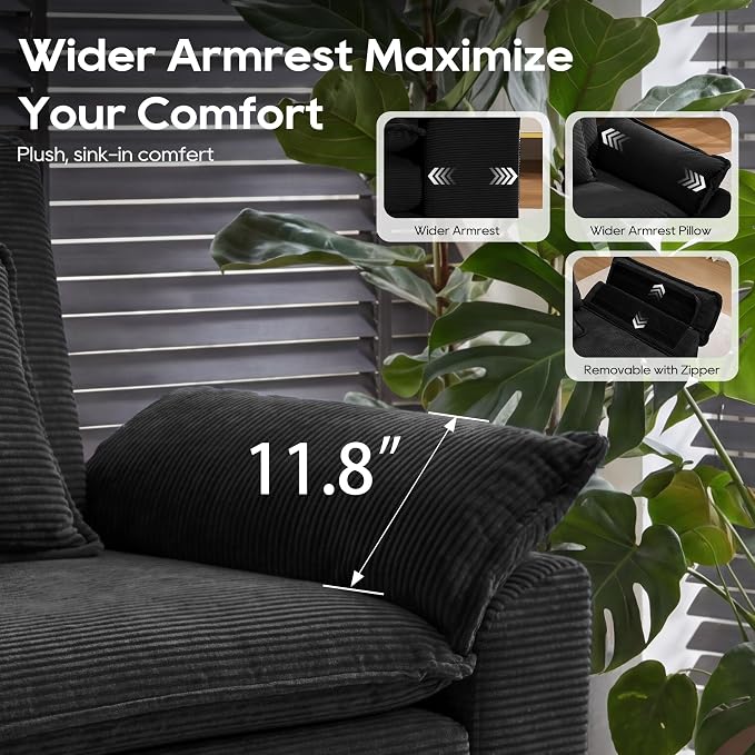 URRED Oversized Modular Sectional Sofa, 87" L Shaped Modern Comfy Cloud Couch with Movable Ottoman & Pillows, Deep Seat Couches for Living Room, Bedroom or Apartment (Corduroy Black, 87" L Shaped)