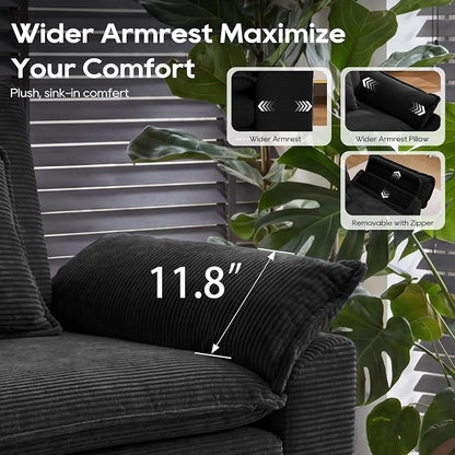 URRED Oversized Modular Sectional Sofa, 87" L Shaped Modern Comfy Cloud Couch with Movable Ottoman & Pillows, Deep Seat Couches for Living Room, Bedroom or Apartment (Corduroy Black, 87" L Shaped)
